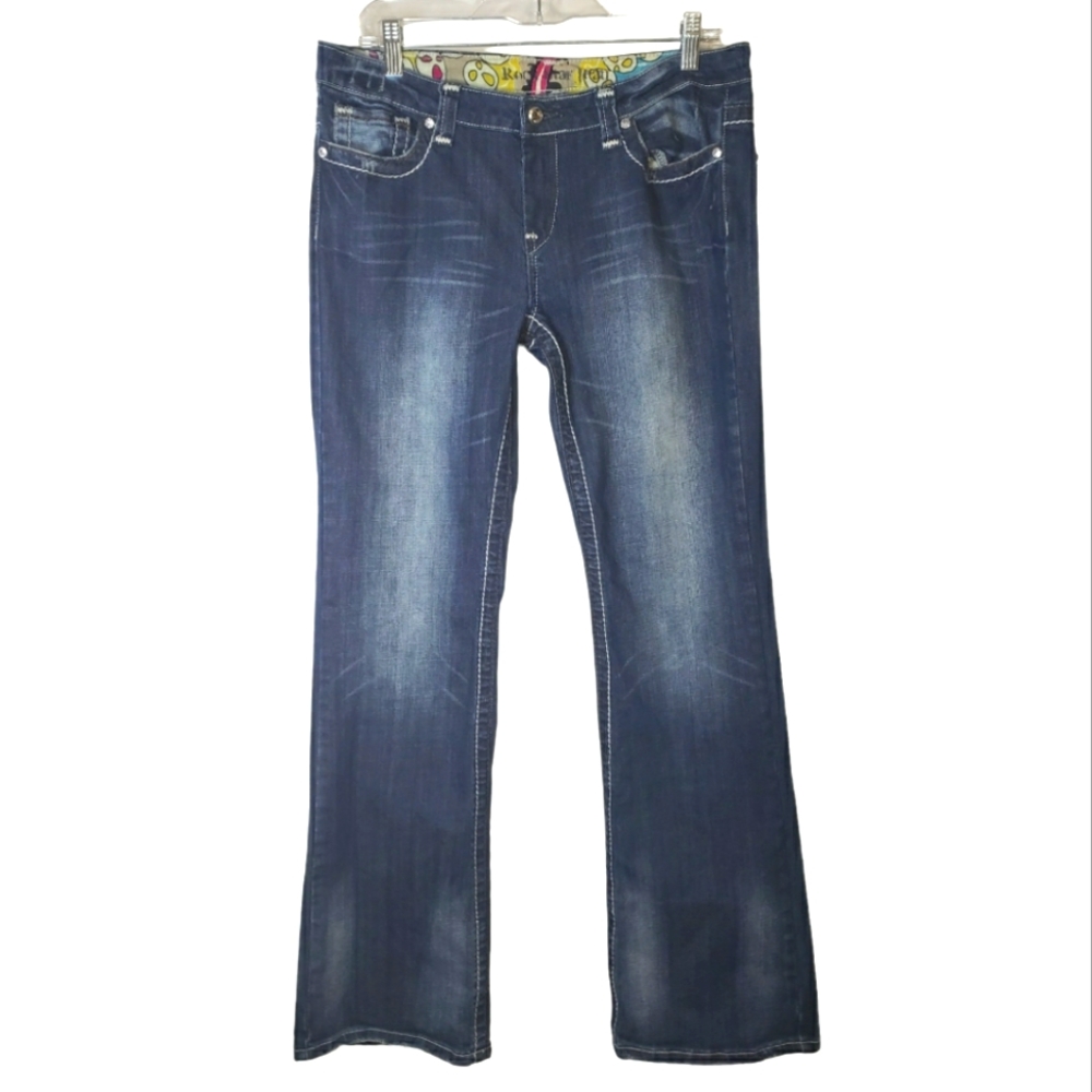 Rock Star Women Jeans Blue Embroidered Flare Wide Leg Size 12 Long